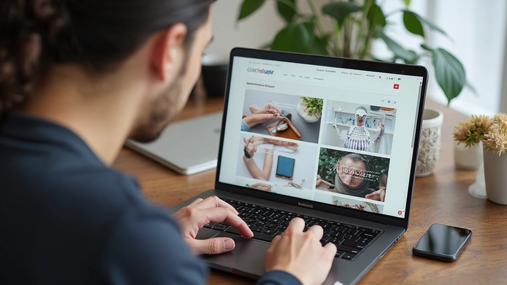 Profissional revisando portfólio digital em laptop com designs