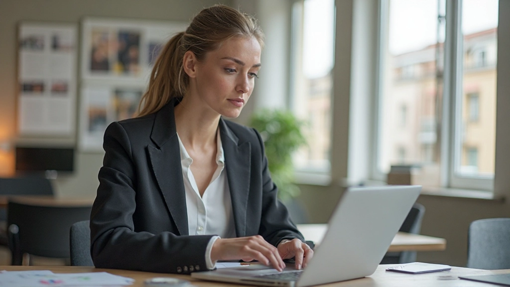 Profissional apresentando portfólio digital em laptop moderno